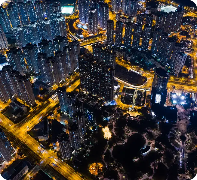 Aerial view of city infrastructure at night