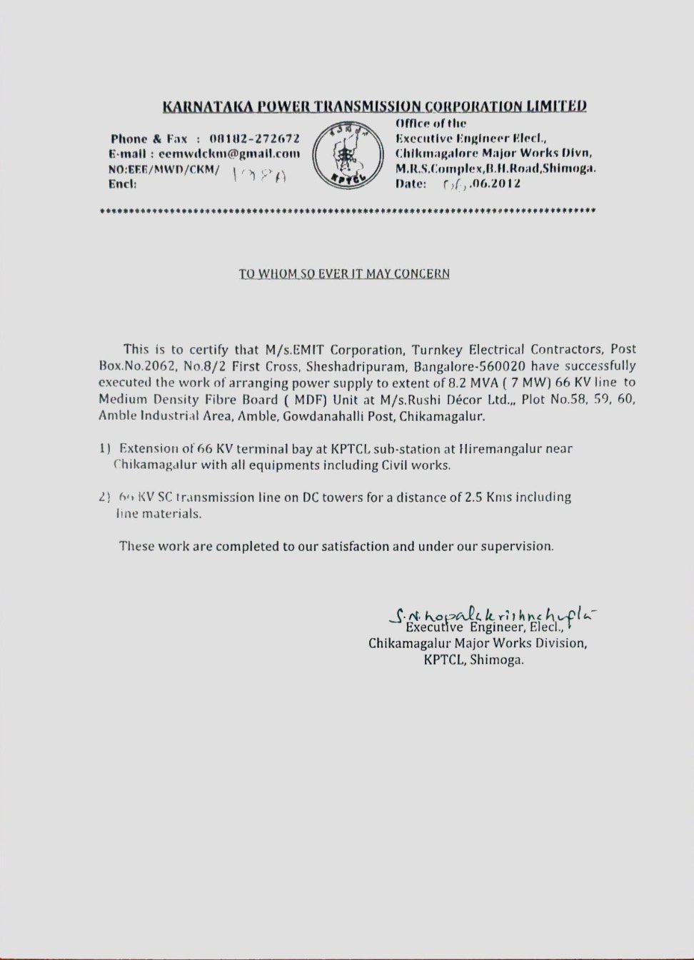 EMIT Corporation KPTCL Work Completion Certificate