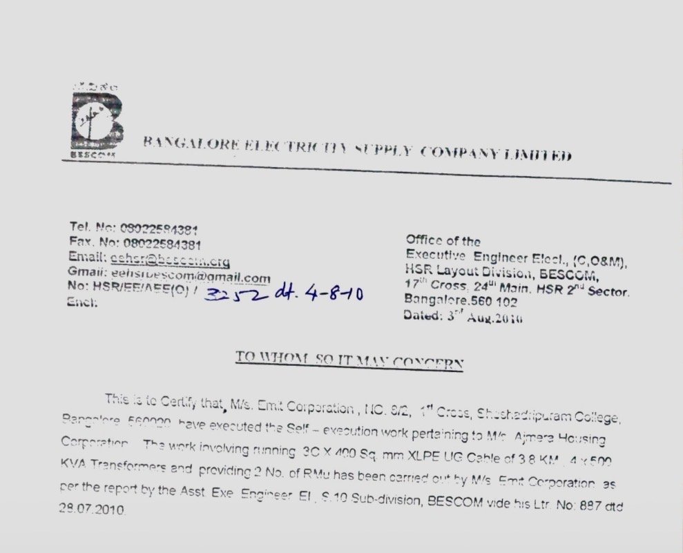 EMIT Corporation BESCOM Work Completion Certificate